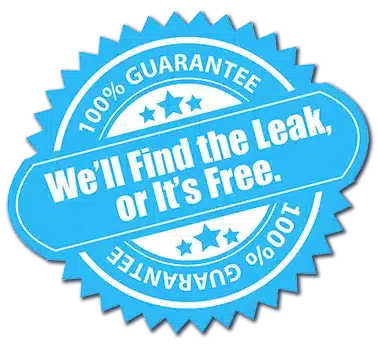 A blue seal from a pool leak detection company with the words we'll find the leak.